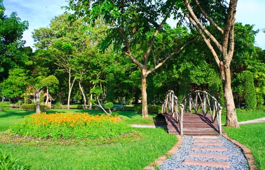 Stone way to wooden bridge