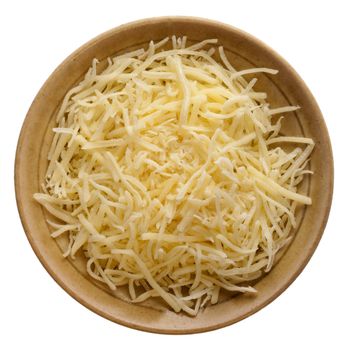 shredded mild cheddar cheese on a small ceramic bowl isolated against white background