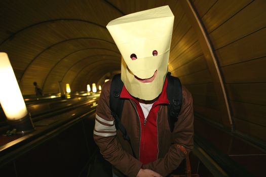 Package-Head, Funny Smiling Man in Moscow Metro, Fun, Humour