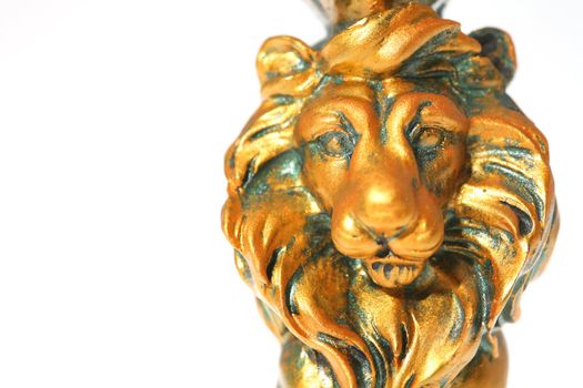 Golden Lion, Sculpture, Small Depth to Sharpnesses, Isolated on White, Copy-space