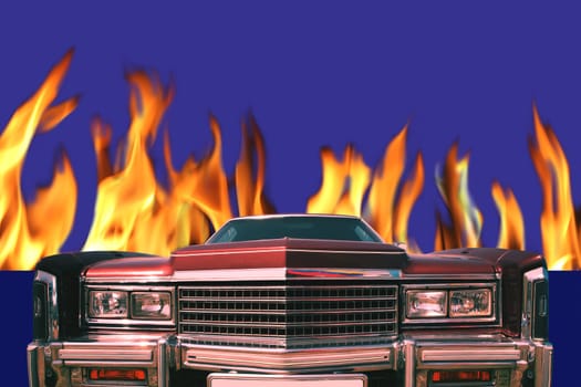 Transport, Old-time Red Car aflame, on Turn blue Background