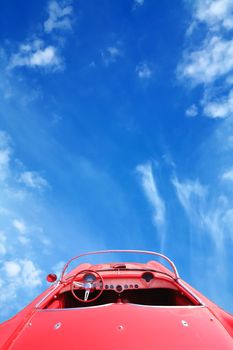 Vintage American Red Car 60's Flying to Sky, Sport-coupe