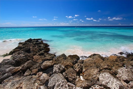 A view of the Atlantic Ocean from the rocky coast of Barbados.