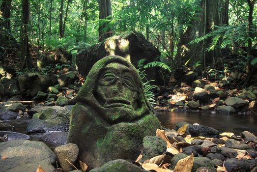 An old stone carving rests in the tropical rainforest of Moorea, French Polynesia.