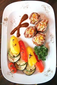 Meat Dish-grill with Stewed Vegetable with Sauce on White Plate