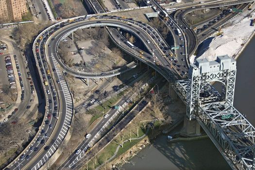 Aerial view of Harlem River Lift section of Triborough bridge in New York City.