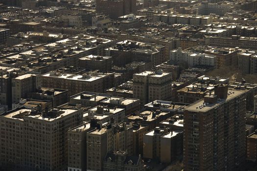 Aerial view of buildings in New York City.