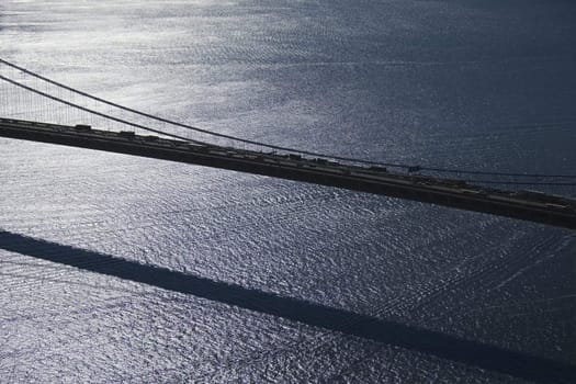 Aerial view of traffic on Verrazano-Narrows Bridge in New York City.