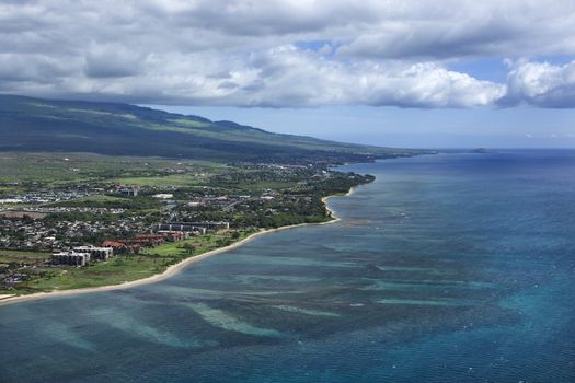 Aerial of Maui, Hawaii coastline with hotel resorts and beach.