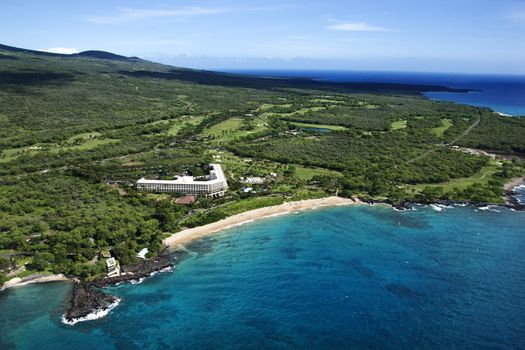 Aerial of beachfront hotel resort in Maui, Hawaii.
