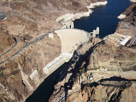 Aerial view of Hoover Dam on the Nevada-Arizona border.