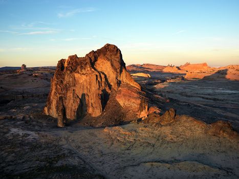 Aerial of scenic Arizona desert landscape with rock formation.