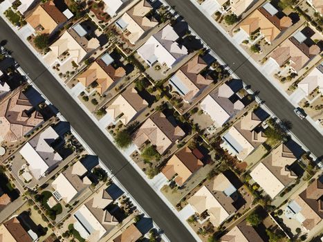 Aerial view of suburban neighborhood urban sprawl in Las Vegas, Nevada.