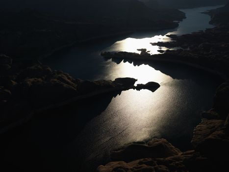 Aerial view of Lake Powell and Glen Canyon at sunset.