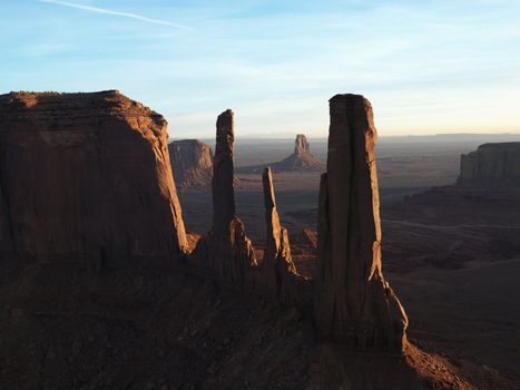 Three sisters rock formation in Monument Valley.