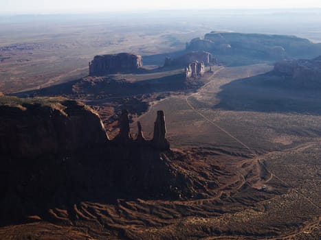 Aerial view of desert landscape in Monument Valley, Utah.