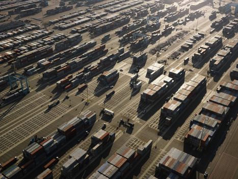 Aerial view of cargo containers in Los Angeles, California.