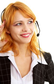 smiling customer service redhead lady using headset