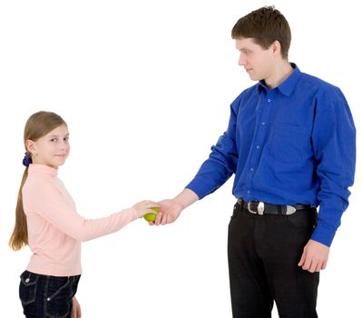 Man give green apple to the girl on white 