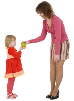 Women give green apple to the girl on white 