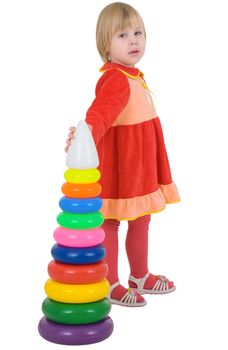 Girl in the red dress with toy on a white background