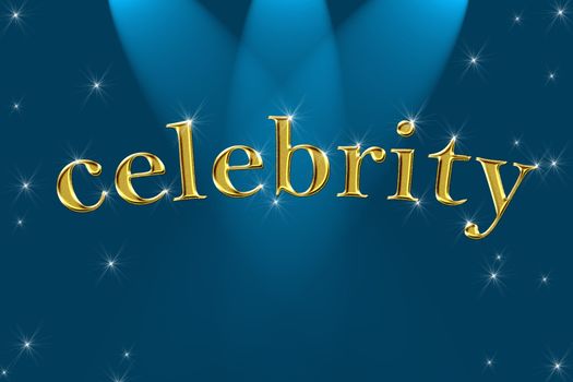 golden sign, written word celebrity on blue background with stars