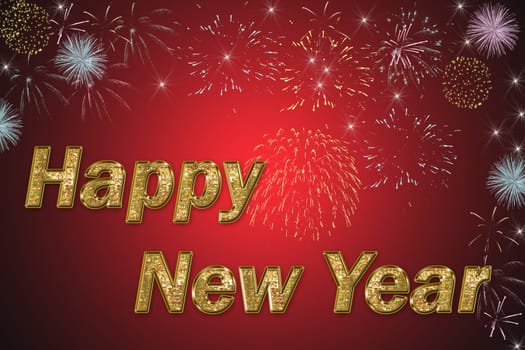 happy new year golden text on red background with stars