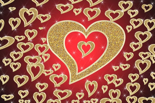 many golden hearts on red background with stars