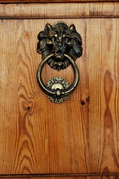 decorative bell handler on a wooden door