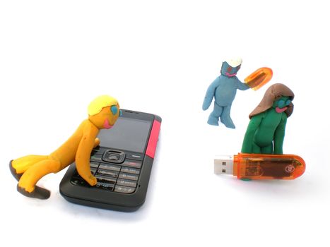 plasticine people figures with phones and usb flash on white background