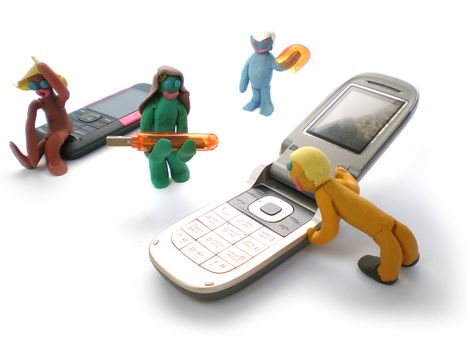 plasticine people figures with phones and usb flash on white background