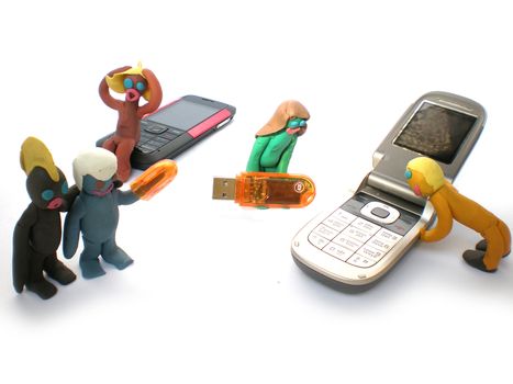 plasticine people figures with phones and usb flash on white background