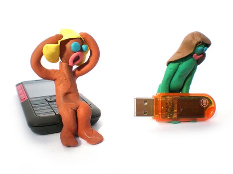 plasticine people figures with phones and usb flash on white background