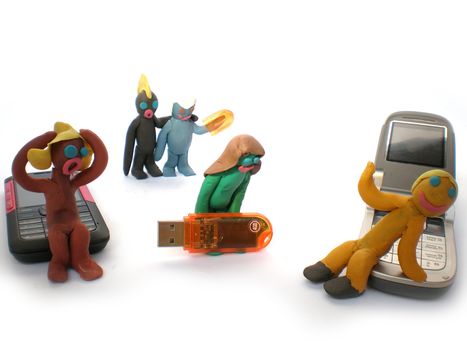 plasticine people figures with phones and usb flash on white background