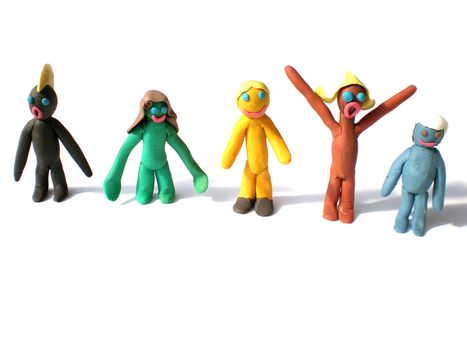 plasticine people figures saying hi on white background