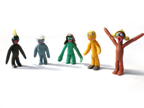 plasticine people figures saying hi on white background