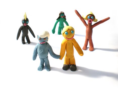 plasticine people figures saying hi on white background