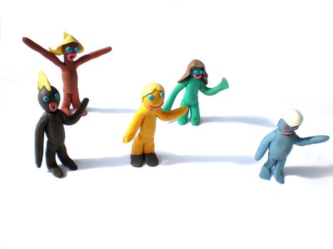 plasticine people figures saying hi on white background