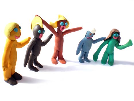 plasticine people figures saying hi on white background