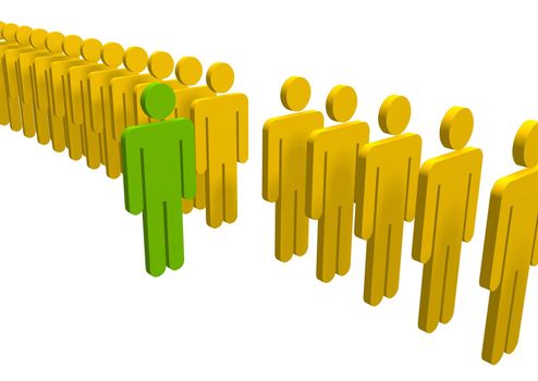 Illustration of a group of people coloured yellow with one standing out of the group coloured green