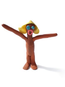 plasticine people figures saying hi on white background