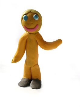 plasticine people figures saying hi on white background