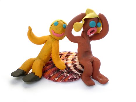 plasticine people figures saying hi on white background