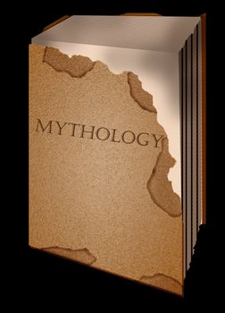 old book mythology opened on a black background