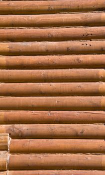 Detail of the wall section log house. Close-up. Stained wood. Pine wood.