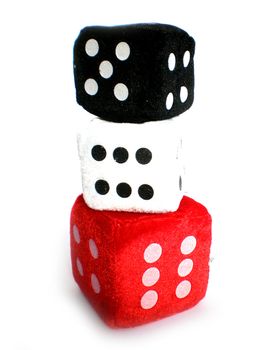 red, white and black dice up in a column
