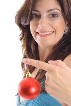 woman holding Christmas ornament upclose