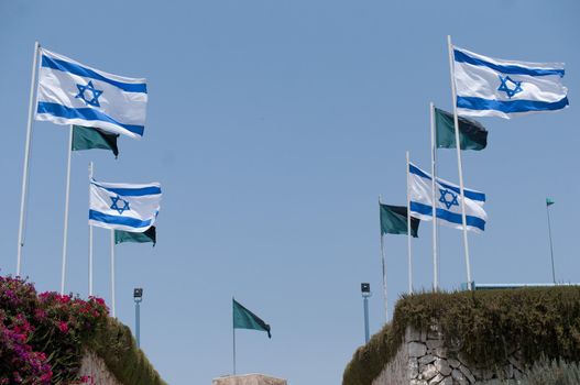 The white-blue national flags of Israel blowing in the wind.