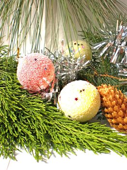 decorated pine Christmas branch isolated on white background