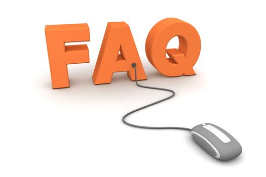 modern gray computer mouse connected to the orange word FAQ